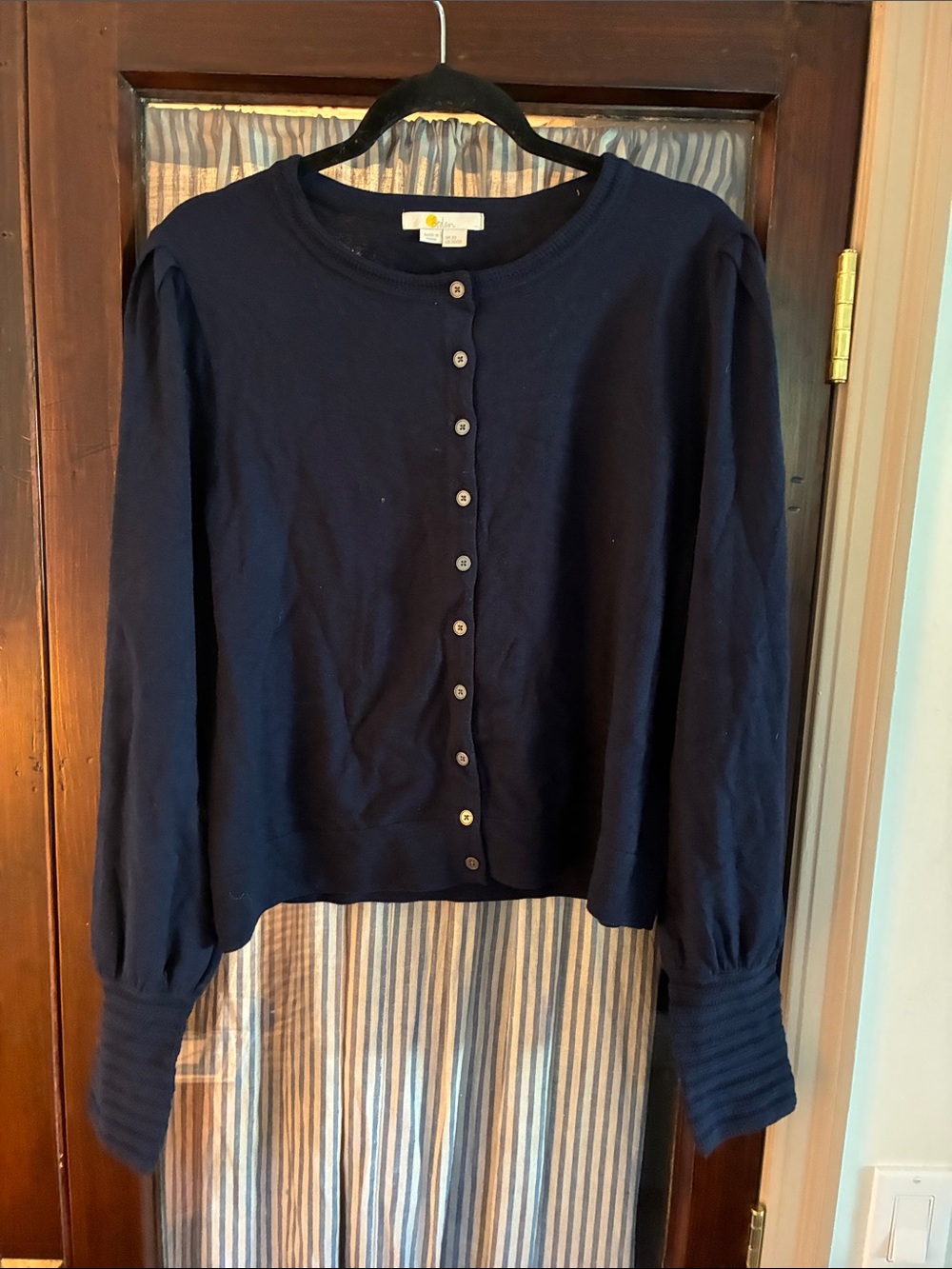 Boden Navy Button-Front Puff Sleeve Top
